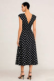 Black White Polka Dot V-Neck A Line Midi Work Dress