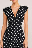 Black White Polka Dot V-Neck A Line Midi Work Dress