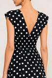 Black White Polka Dot V-Neck A Line Midi Work Dress