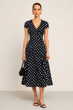 Black White Polka Dot V-Neck A Line Midi Dress with Cap Sleeves