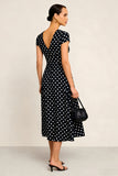 Black White Polka Dot V-Neck A Line Midi Dress with Cap Sleeves