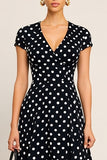 Black White Polka Dot V-Neck A Line Midi Dress with Cap Sleeves