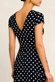 Black White Polka Dot V-Neck A Line Midi Dress with Cap Sleeves