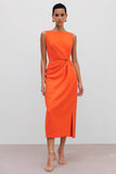Orange Bateau Neck Sheath Ruched Midi Work Dress With Slit