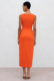Orange Bateau Neck Sheath Ruched Midi Work Dress With Slit