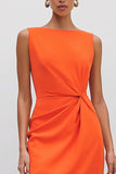 Orange Bateau Neck Sheath Ruched Midi Work Dress With Slit