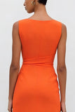 Orange Bateau Neck Sheath Ruched Midi Work Dress With Slit