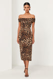 Brown Leopard Print Off the Shoulder Sheath Midi Work Dress With Slit