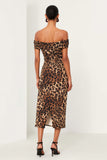 Brown Leopard Print Off the Shoulder Sheath Midi Work Dress With Slit