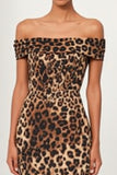 Brown Leopard Print Off the Shoulder Sheath Midi Work Dress With Slit