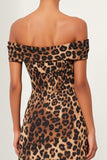 Brown Leopard Print Off the Shoulder Sheath Midi Work Dress With Slit