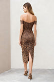 Off the Shoulder Sheath Brown Leopard Midi Work Dress With Slit