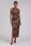 Brown Leopard Print Ruched Sheath Work Dress With Slit