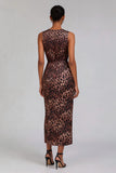 Brown Leopard Print Ruched Sheath Work Dress With Slit