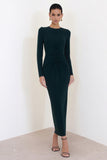Dark Green Ruched Sheath Long Sleeve Work Dress With Slit