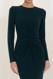 Dark Green Ruched Sheath Long Sleeve Work Dress With Slit