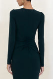 Dark Green Ruched Sheath Long Sleeve Work Dress With Slit