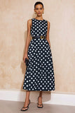 Navy White Polka Dot A Line Midi Work Dress With Belt