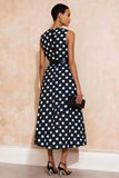 Navy White Polka Dot A Line Midi Work Dress With Belt