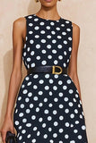 Navy White Polka Dot A Line Midi Work Dress With Belt