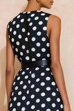Navy White Polka Dot A Line Midi Work Dress With Belt