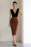 Black and Brown V-Neck Pencil Midi Work Dress With Slit