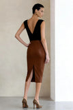 Black and Brown V-Neck Pencil Midi Work Dress With Slit