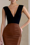 Black and Brown V-Neck Pencil Midi Work Dress With Slit