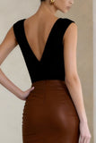 Black and Brown V-Neck Pencil Midi Work Dress With Slit