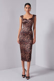 Brown Leopard Print Sheath Midi Dress With Slit