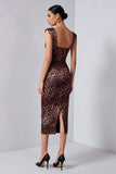 Brown Leopard Print Sheath Midi Dress With Slit