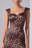 Brown Leopard Print Sheath Midi Dress With Slit