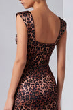 Brown Leopard Print Sheath Midi Dress With Slit