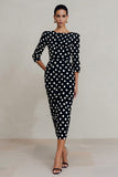 Black White Polka Dot Sheath Midi Work Dress With Slit