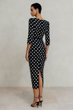 Black White Polka Dot Sheath Midi Work Dress With Slit