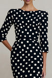 Black White Polka Dot Sheath Midi Work Dress With Slit