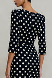 Black White Polka Dot Sheath Midi Work Dress With Slit