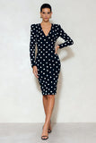 Bodycon V-Neck Black White Polka Dot Long Sleeve Work Dress