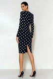 Bodycon V-Neck Black White Polka Dot Long Sleeve Work Dress