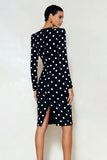 Bodycon V-Neck Black White Polka Dot Long Sleeve Work Dress