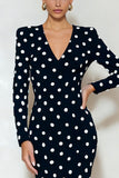 Bodycon V-Neck Black White Polka Dot Long Sleeve Work Dress
