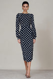 Sheath Black White Polka Dot Work Dress With Long Sleeves