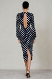 Sheath Black White Polka Dot Work Dress With Long Sleeves