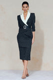 Pencil Navy White Dot Peak Lapel Midi Work Dress With Belt