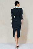 Pencil Navy White Dot Peak Lapel Midi Work Dress With Belt