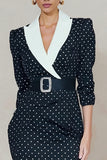 Pencil Navy White Dot Peak Lapel Midi Work Dress With Belt
