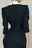 Pencil Navy White Dot Peak Lapel Midi Work Dress With Belt
