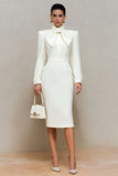 Pencil Ivory Midi Work Dress With Long Sleeves