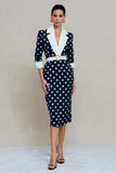 Navy White Polka Dot Pencil Notched Lapel Midi Work Dress With Belt