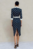 Navy White Polka Dot Pencil Notched Lapel Midi Work Dress With Belt